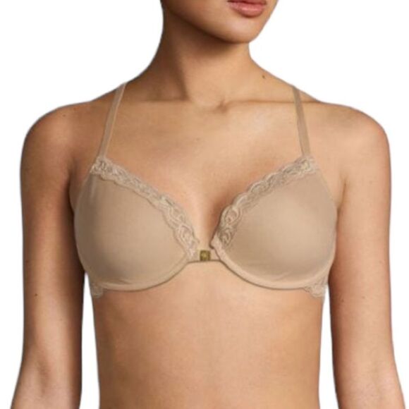 Natori Feathers T-back underwire bra nude cafe lace trim front closure size 34DD - Picture 1 of 9
